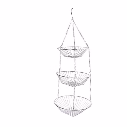 KitchenCraft Three Tier Nestable Hanging Metal Wire Fruit and Vegetable Baskets in Silver, W: 25 cm, D: 8 cm