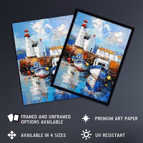 Artery8 Scottish Harbour Lighthouse Oil Painting Rustic Wall Art Poster Print, Multicolour, W: 46 cm, H: 61 cm – 2