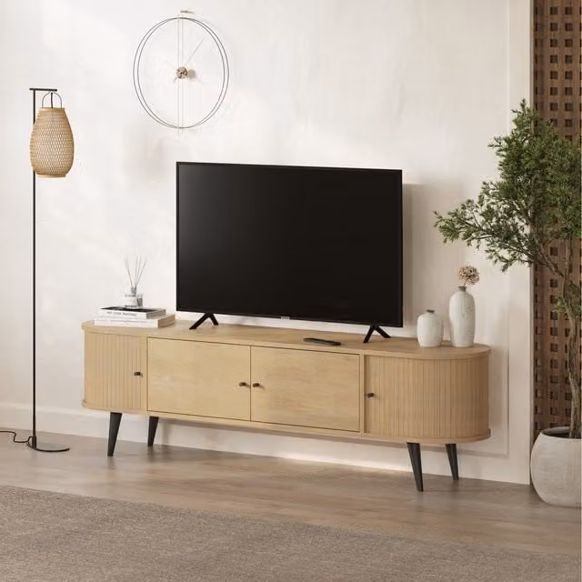 Decortie Gentle Modern 180cm TV Stand with 2 Sliding Doors and 4-Door Storage Cabinet in Oak – 1