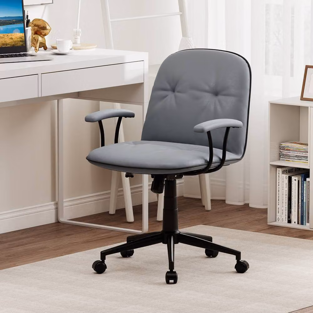Costway Grey PU Leather Swivel Home Office Task Chair with Armrests and Castors – 7