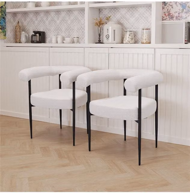 Living and Home Set of 2 Modern White Bouclé Dining Chairs with Black Metal Legs