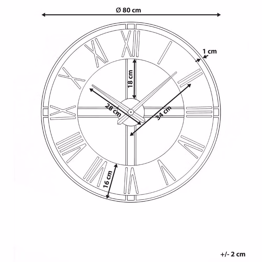 Wyld and Coco Industrial Round Analog Wall Clock in Matte Black Metal with Gold Roman Numerals, Diameter: 80 cm – 3