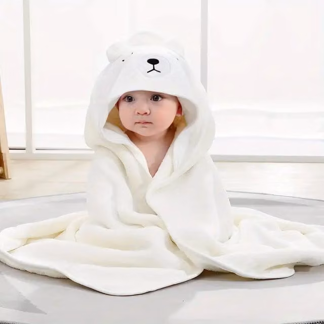 Dyzi Soft Absorbent Microfibre Baby Hooded Towel with Animal Cartoon Design in White