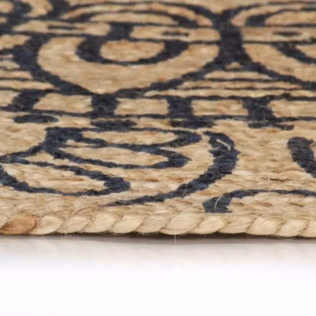 Berkfield Home Handmade Braided Jute Round Rug with Dark Blue Print in Brown, Diameter: 100 cm