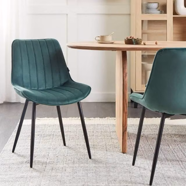 Wyld and Coco Set of 2 Emerald Green Velvet Armless Dining Chairs with Black Metal Legs – 1