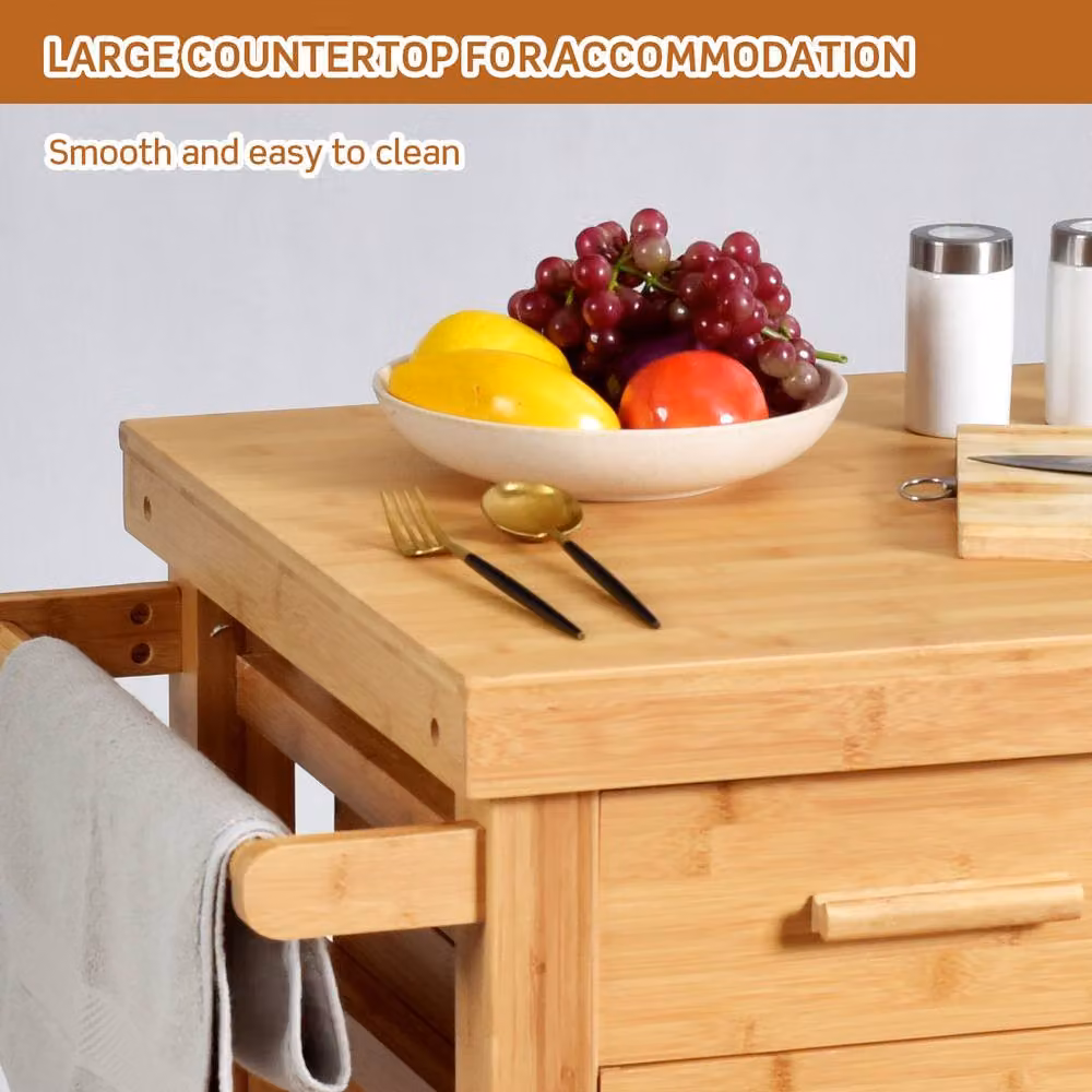Costway Rolling Bamboo Kitchen Island Cart Trolley with Drawers and Shelves in Natural – 4