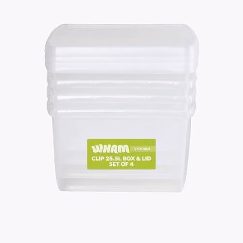 Wham 4 x 25.5L Stackable Plastic Storage Boxes with Lids, Transparent – 1
