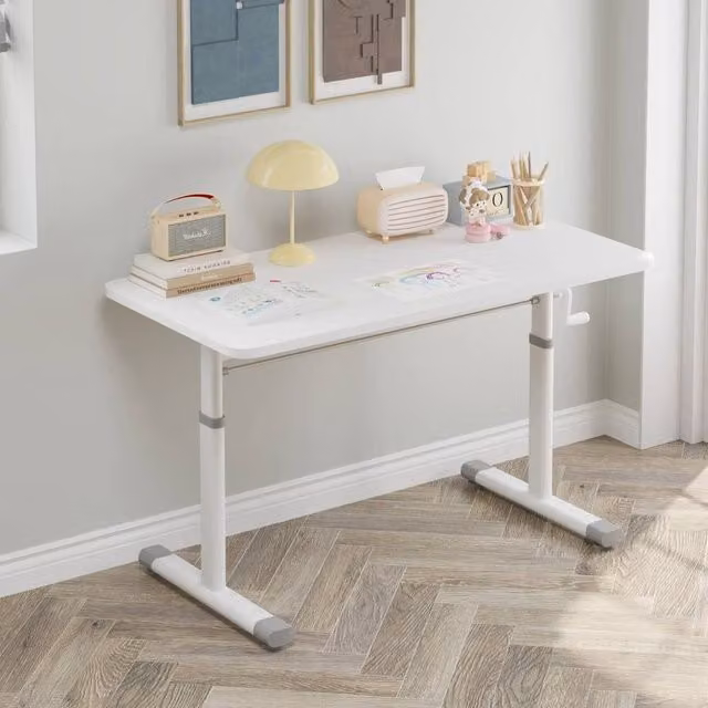 VOGREX White Height Adjustable Computer Desk with Manual Hand Crank for Home Office