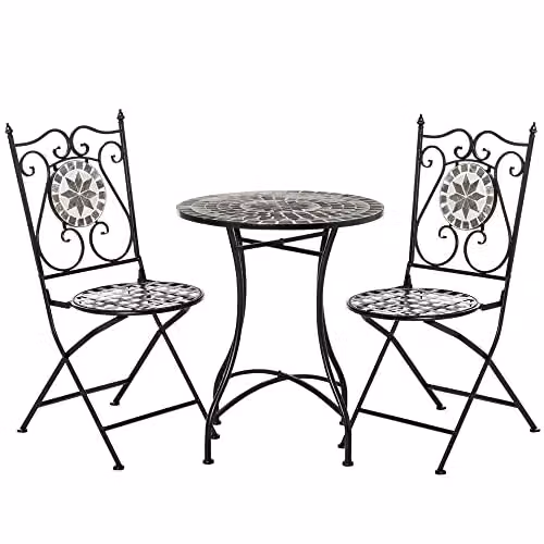 Outsunny 3 Piece Mosaic Tile Garden Bistro Set with Table and 2 Folding Chairs, Grey