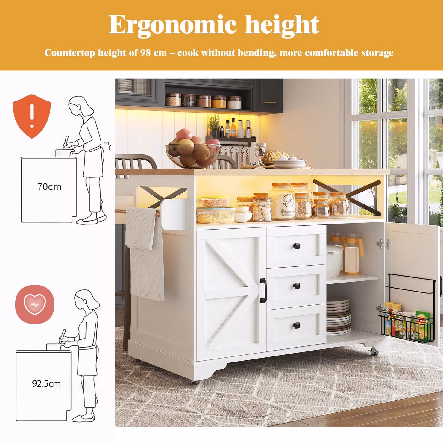 Aosom UK Mobile Kitchen Island with Drop-Leaf Table and Multi-Tier Serving Shelves, White, W: 120 cm, D: 72 cm, H: 98 cm – 3