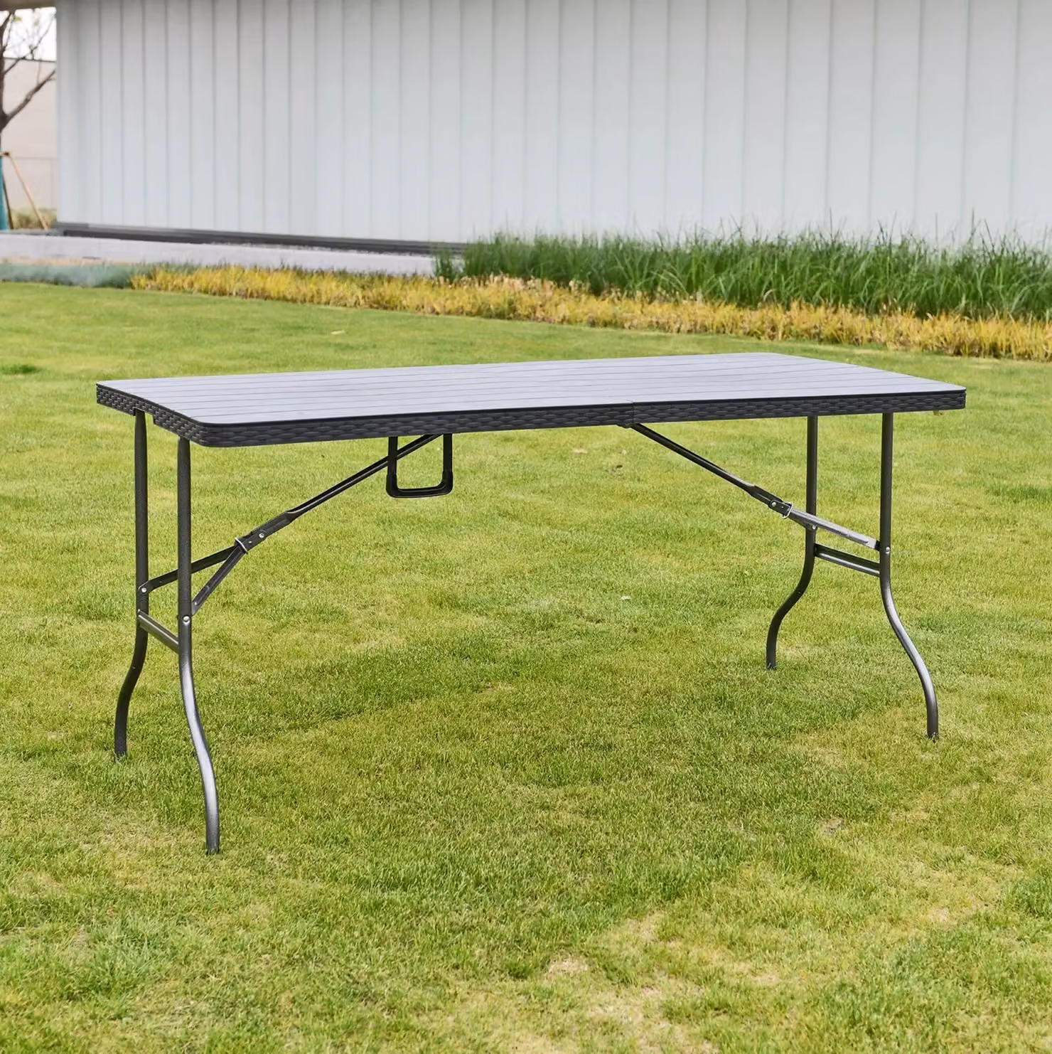 EONLION Black Rattan Design Folding Table for Garden and Patio, W/D/H: 150.5 x 73.0 x 70.5 cm – 3