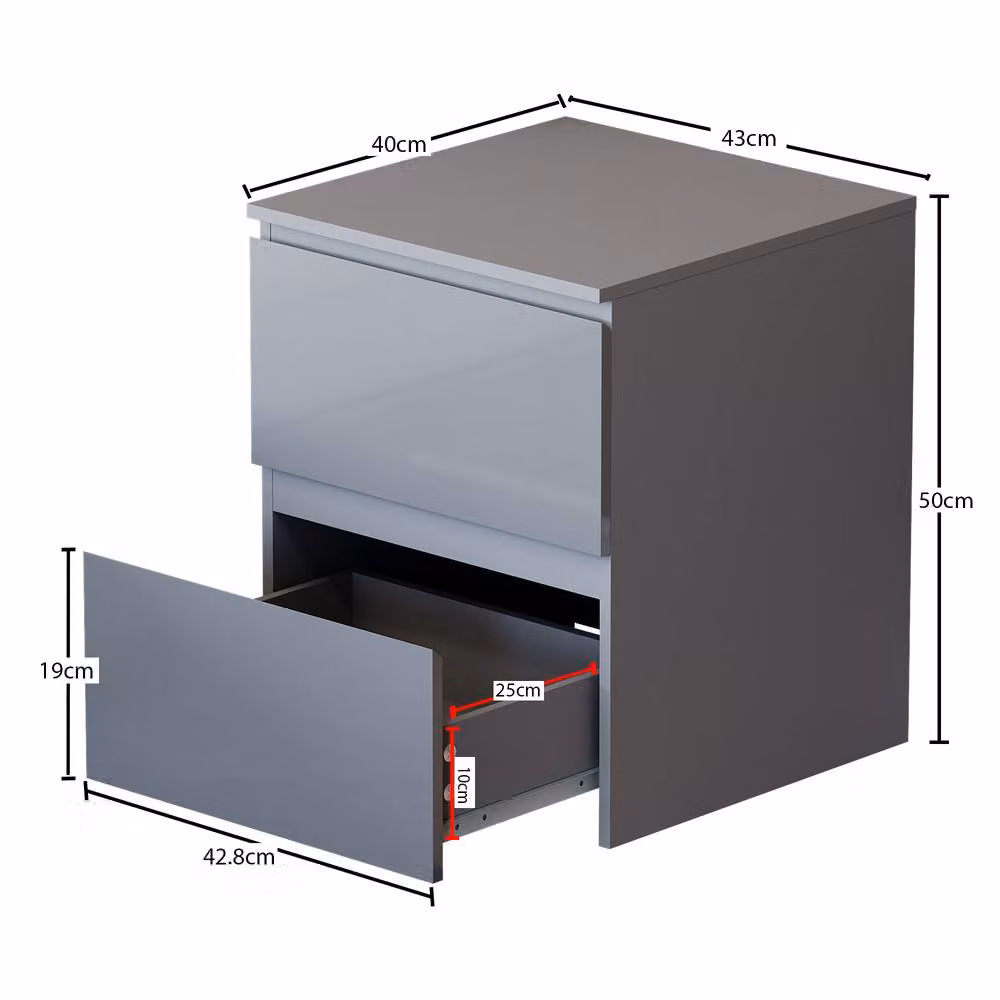 HD Designs Glinton High Gloss 2 Drawer Bedside Chest in Grey – 2
