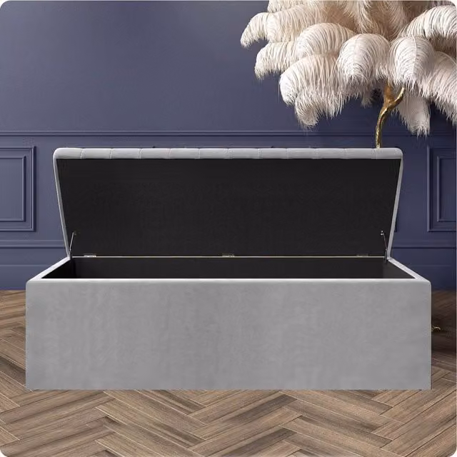 R&M Furnishers Silver Plush Velvet Striped Upholstered Blanket Chest and End of Bed Bench