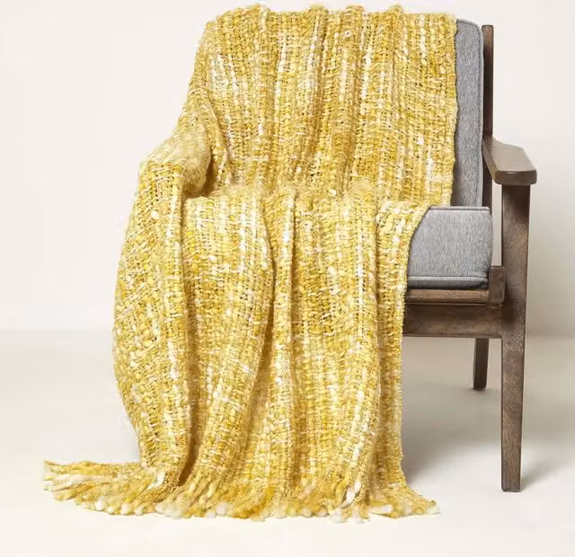 Homescapes Ophelia Woven Polyacrylic Throw with Tassels in Yellow, White and Grey, W/D/H: 150 x 125 x 1 cm