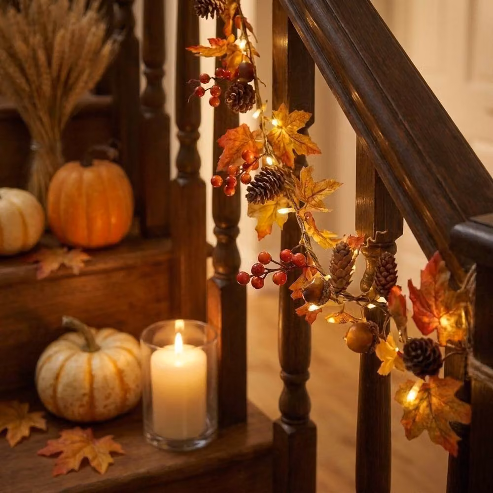 Garden Greatness Multicolour Autumnal Acorn Maple Leaf and Pinecone LED String Garland with Warm White Lights – 2