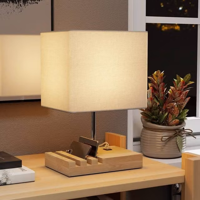 HOMCOM Modern White Table Lamp with Solid Wood Base and Fabric Shade – 1