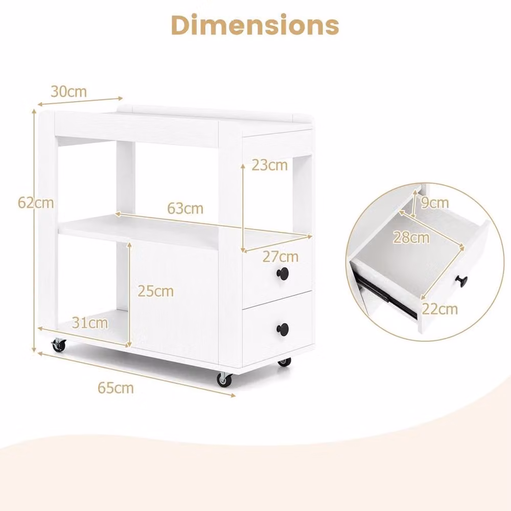 VOGREX White 2-Drawer Narrow Side Table with Castors, W/D/H: 40 x 30 x 62 cm – 2