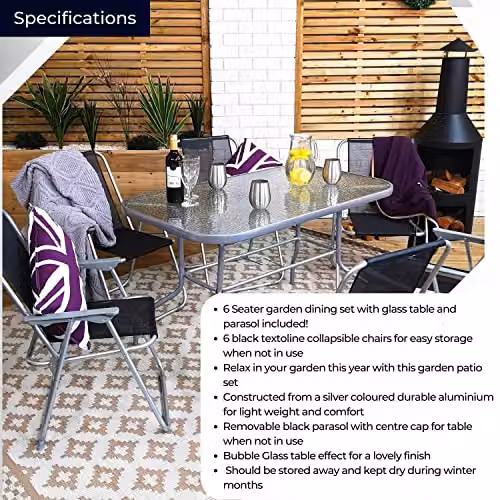 Samuel Alexander 8 Person Garden Furniture Set with Table, Chairs and Parasol in Black and Grey – 8