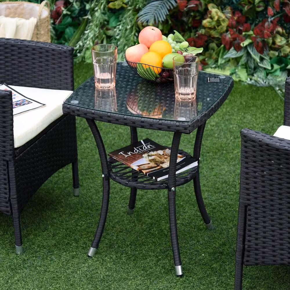 STILVORA 3 Piece Bistro Set with Cushions in Black Rattan and Metal – 2