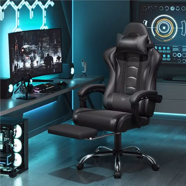Yaheetech Ergonomic High Back Gaming Chair in Black Synthetic Leather with Headrest and Armrests