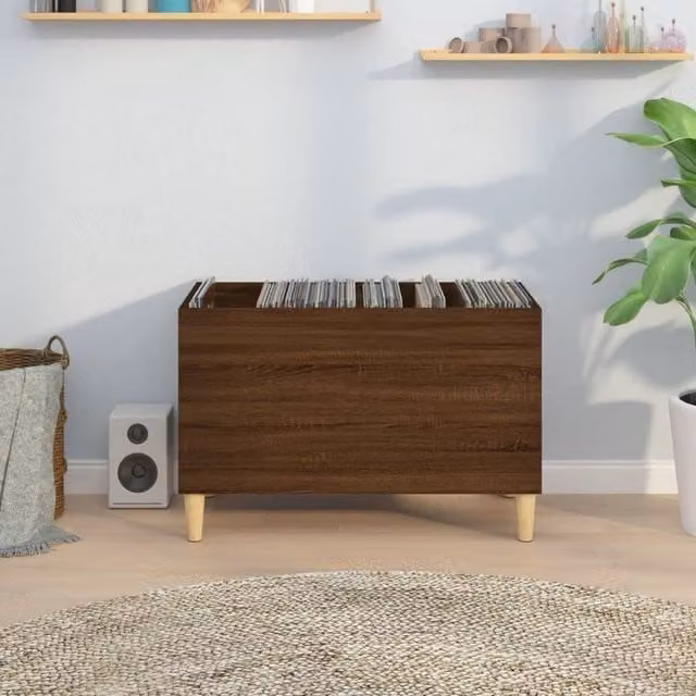Berkfield Home Mid-Century Record Cabinet in Brown Oak, W/D/H: 74.5 x 38 x 48 cm