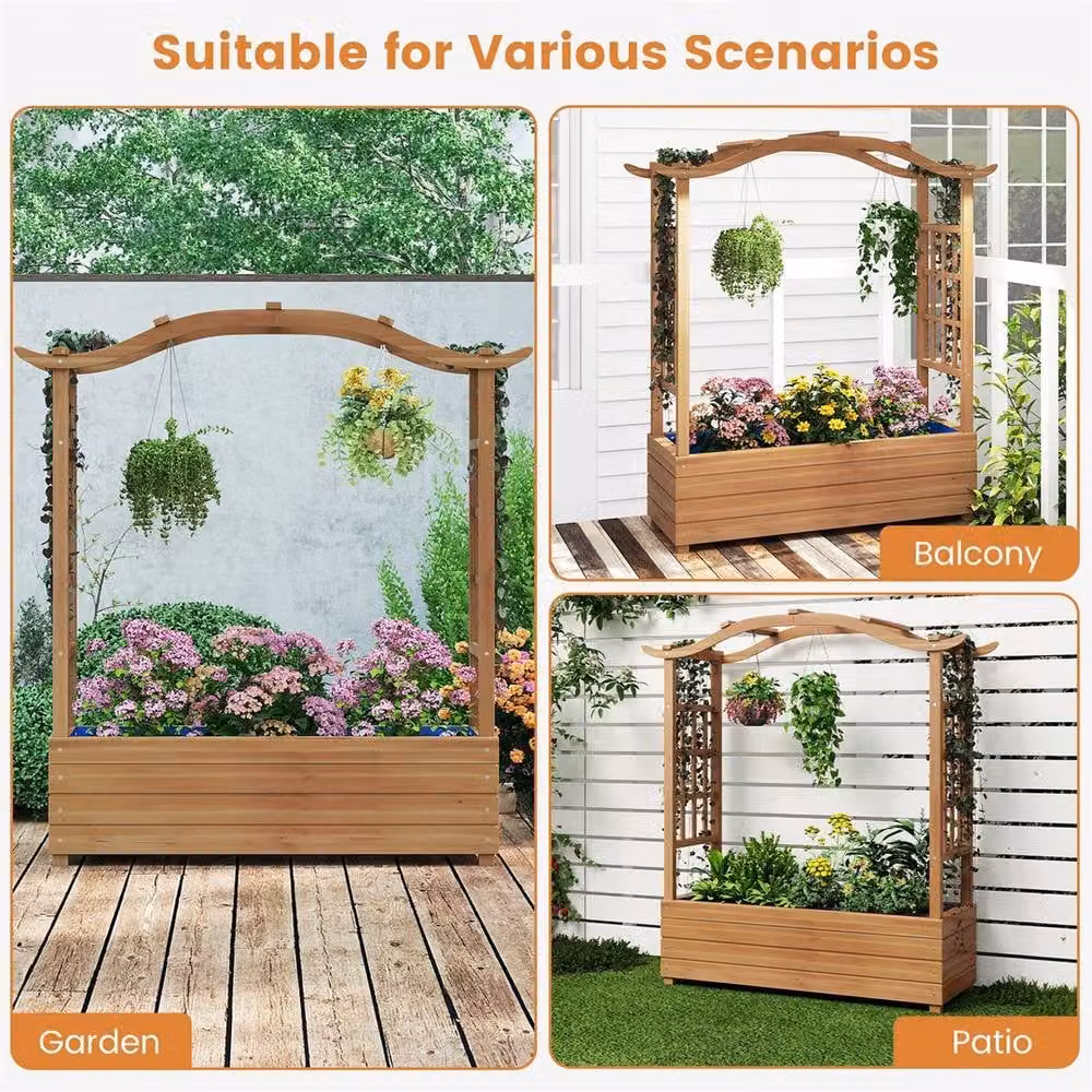 Kelvenix Wooden Raised Garden Bed with Climber Trellis in Brown, W: 124 cm, D: 99 cm, H: 36 cm – 4