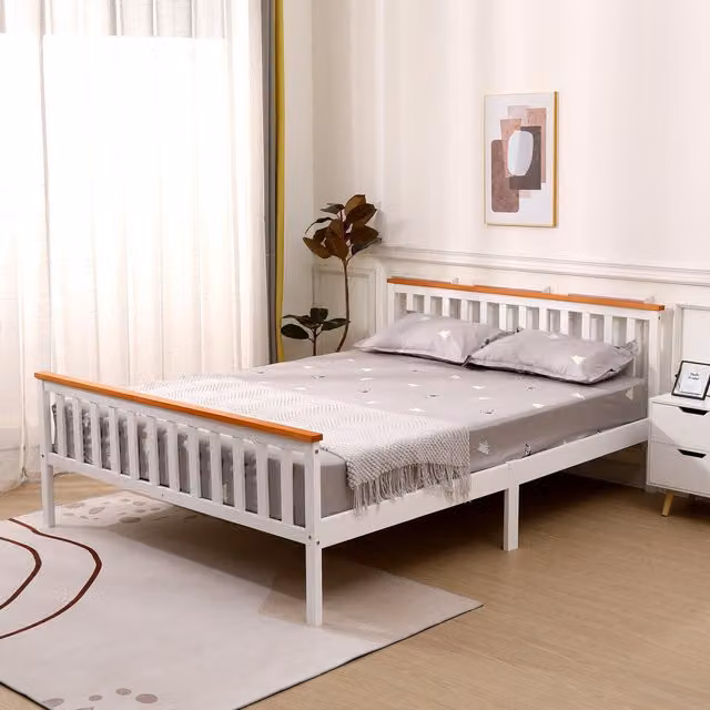 HMD Furniture Solid Wood King Bed Frame in White and Oak, W/D/H: 180 x 200 cm