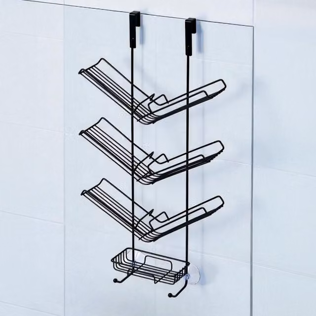 Showerdrape Atrium 3 Tier Black Metal Hanging Over Door Shower Caddy with Hooks