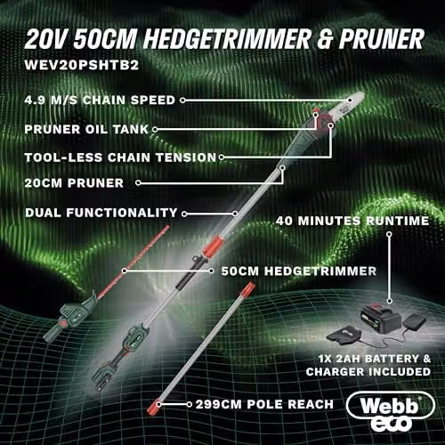 Webb Eco 20V Long Reach 50cm Hedge Trimmer and 20cm Pruner Attachment with 2Ah Rechargeable Battery and Charger, Green – 4
