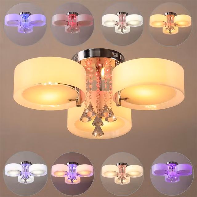 White Acrylic and Crystal LED Semi Flush Mount Ceiling Light with Chrome and Stainless Steel Accents