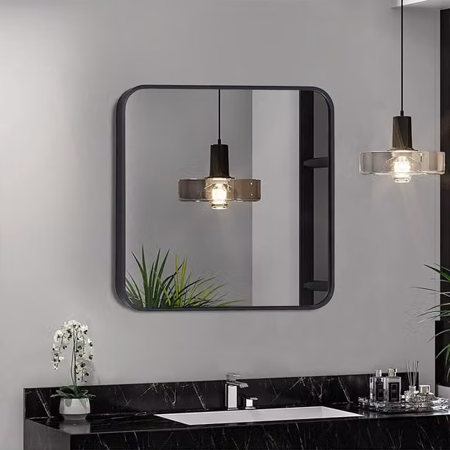 Livingandhome Square Minimalist Wall Mirror with Rounded Corners in Black, W/D/H: 50 x 50 x 50 cm