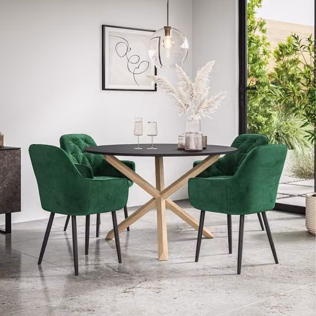 More4Homes Malvern Round Black Dining Table with 4 Green Anika Velvet Chairs and Oak Legs, Diameter: 120 cm, Height: 75 cm