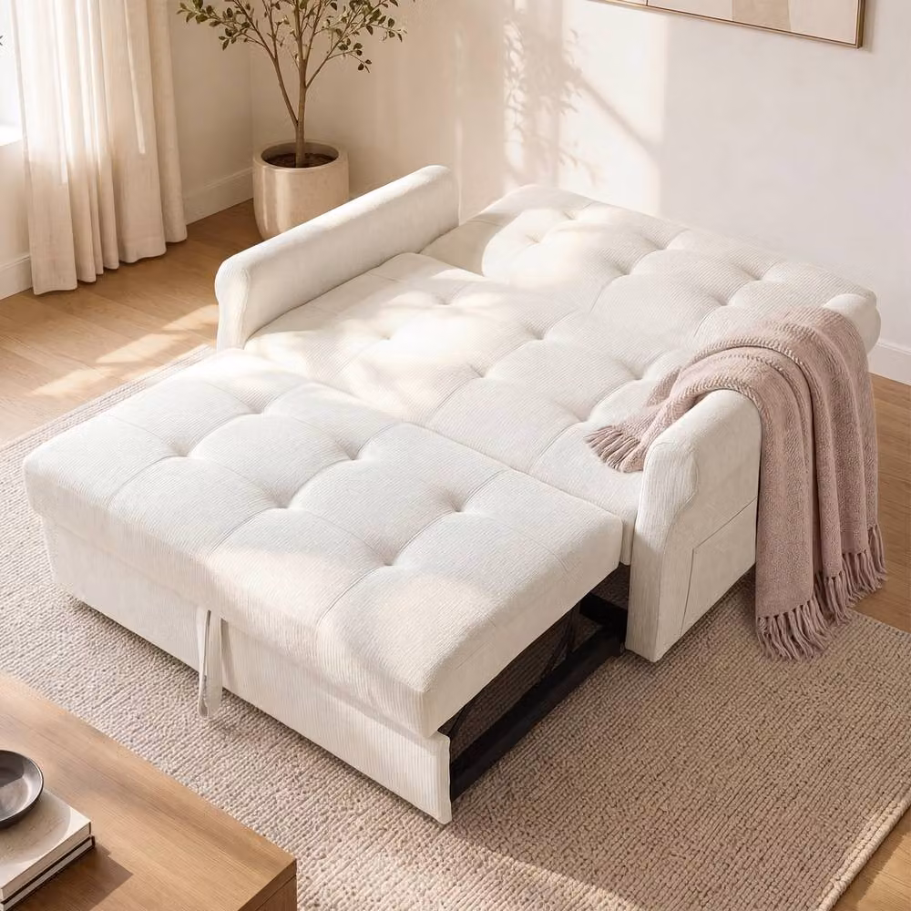 BTM 2 Seater Pull Out Sofa Bed with Storage Pocket and Rolling Casters in White – 2