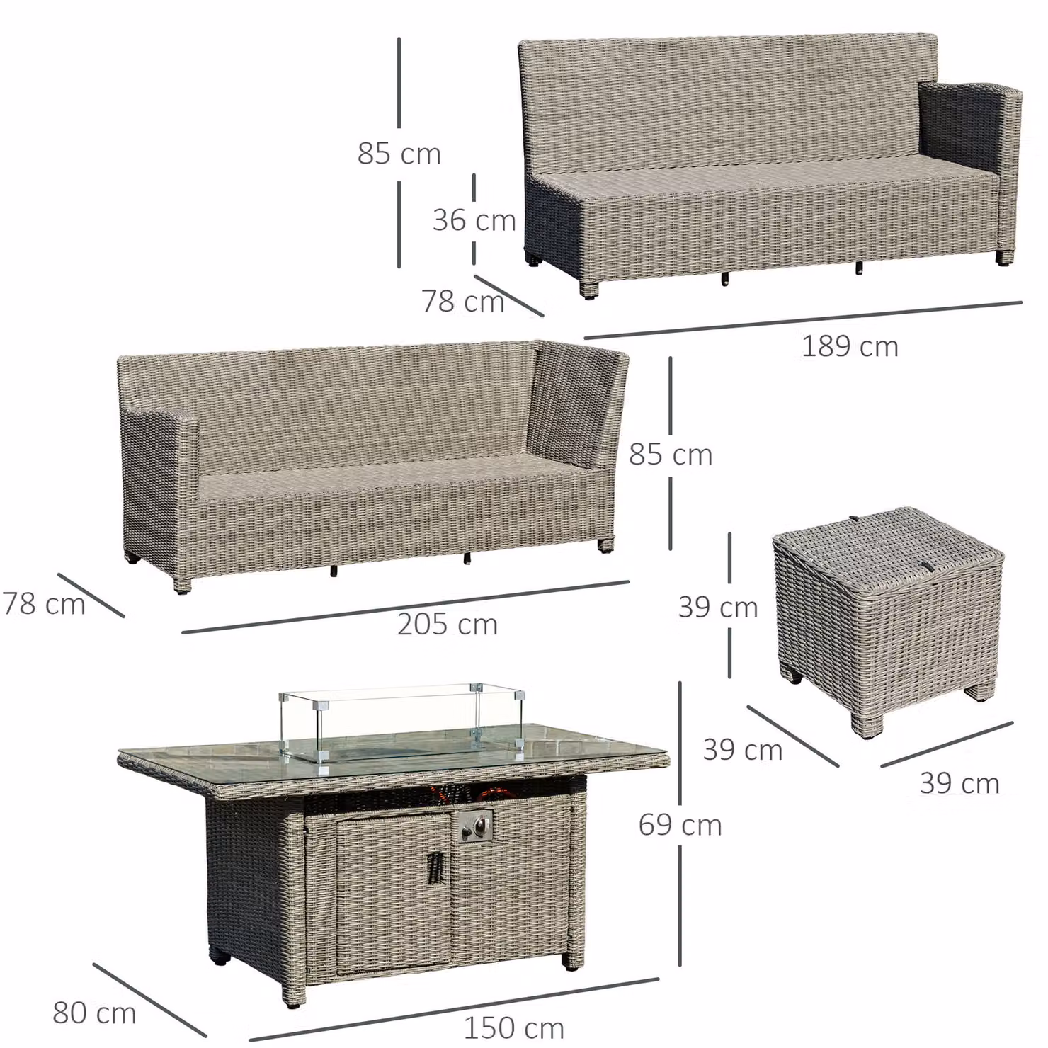 Outsunny 8-Seater L-Shape Outdoor Rattan Sofa Set with Fire Pit Table, Ottoman and Grey Olefin Cushions – 3