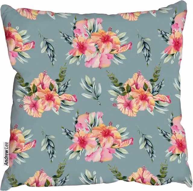 Benjamin Tate Design LTD Blue Watercolor Hibiscus Flowers Square Cushion, W: 60 cm, H: 60 cm