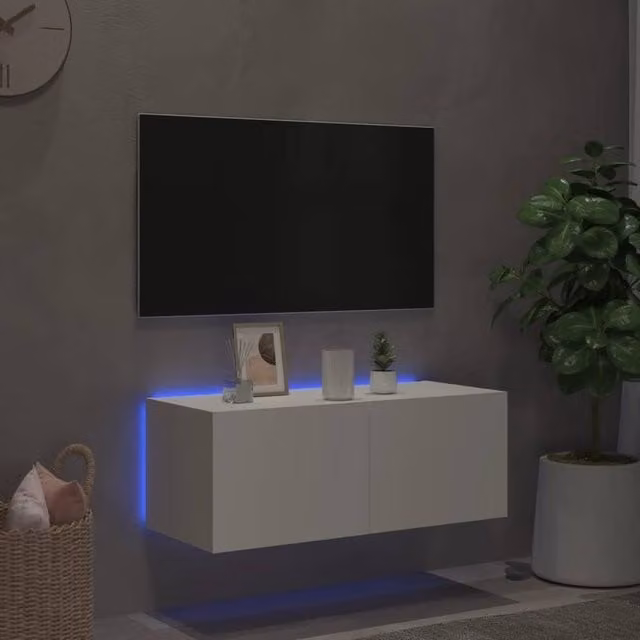 Berkfield Home Modern TV Wall Cabinet with LED Lights in White, W/D/H: 80 x 35 x 31 cm – 1