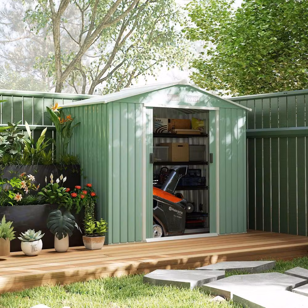Rolipo Metal Garden Shed with Foundation Kit and Double Doors in Light Green, W/D/H: 213.4 x 121.9 x 185 cm – 2