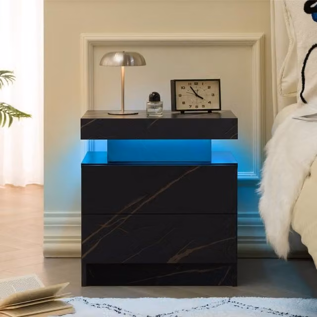 Matteo Modern LED Bedside Table with Integrated Lighting in Black and Gold