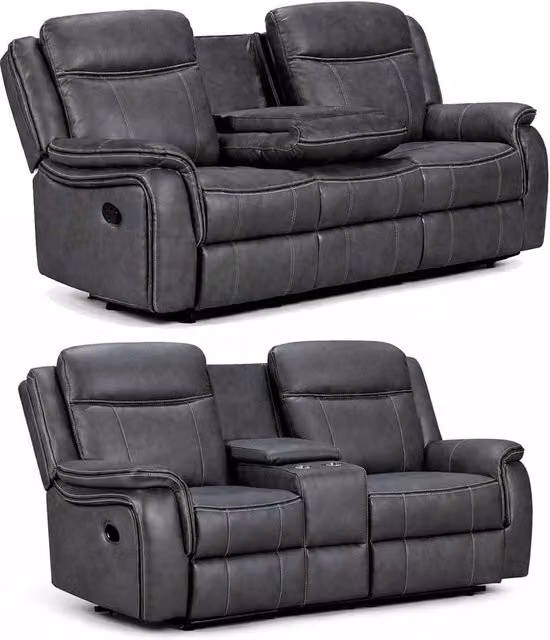Furnishings For Less UK Tara 2 Piece Reclining Sofa Suite in Grey Leather Look Fabric, 3 + 2 Seater