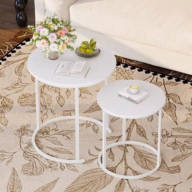 Huhote Modern Round Nesting Coffee Tables Set of 2 with White Metal Frame and White Wood Finish – 1