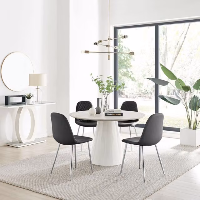 Furniturebox Palma Beige Stone Effect Round Dining Table and 4 Corona Silver Chairs in Black