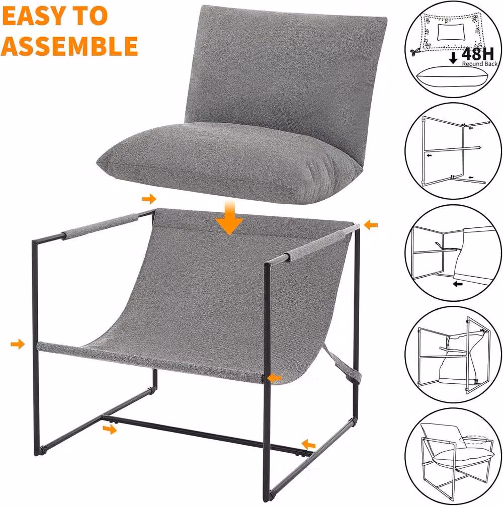 London Boutique Modern Grey Bouclé Fabric Accent Chair with Metal Frame – 4