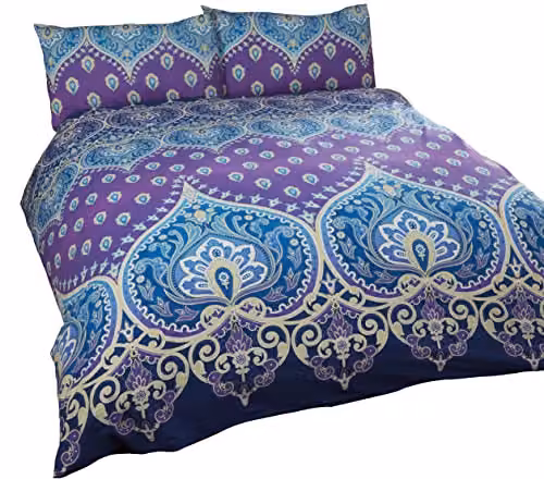 Rapport Home Asha Polycotton Duvet Cover and Pillowcase Set in Purple and Blue with Boho Graphic Design, W/D/H: 135 x 200 cm and 50 x 75 cm