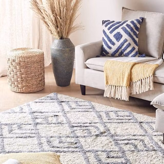 Wyld and Coco Beige and Grey Geometric Hand-Tufted Cotton Rectangular Rug W: 140 cm, L: 200 cm