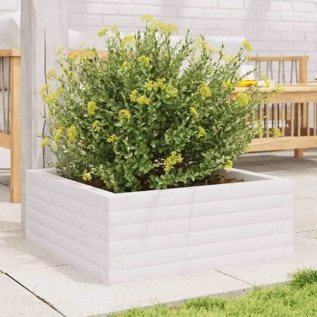 Berkfield Home Decorative Garden Planter, White, Solid Wood, W/D/H: 60 x 60 x 23 cm