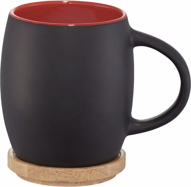 Avenue Hearth Ceramic Mug with Wood Lid and Coaster in Solid Black and Red