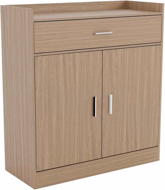 Kelvenix Oak 2 Door 1 Drawer Shoe Cabinet in Brown with Glass Doors, W/D/H: 82 x 34 x 90 cm