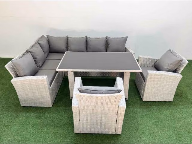 Fimous 8-Seater L-Shape Outdoor Wicker Rattan Corner Sofa Set with Tempered Glass Coffee Table in Light Grey