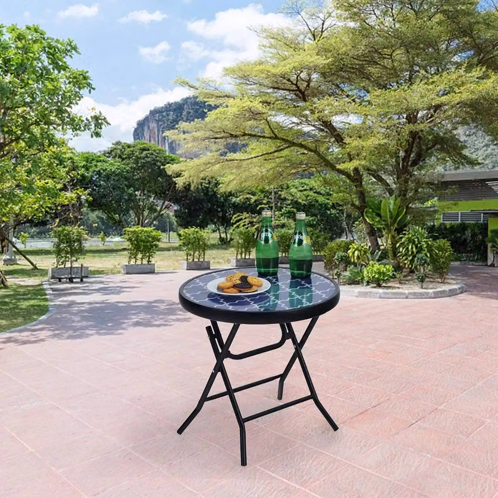 VOGREX PHI VILLA Foldable Blue Garden Coffee Table with Glass and Metal Top W/D/H: 48 x 46 x 46 cm – 3