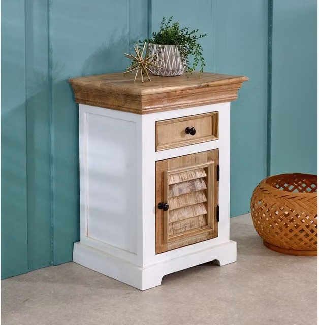 IH Design Curley White Solid Mango Wood Bedside Cabinet with 1 Drawer and 1 Door, W: 35.0 cm, D: 45.0 cm, H: 60.0 cm – 1